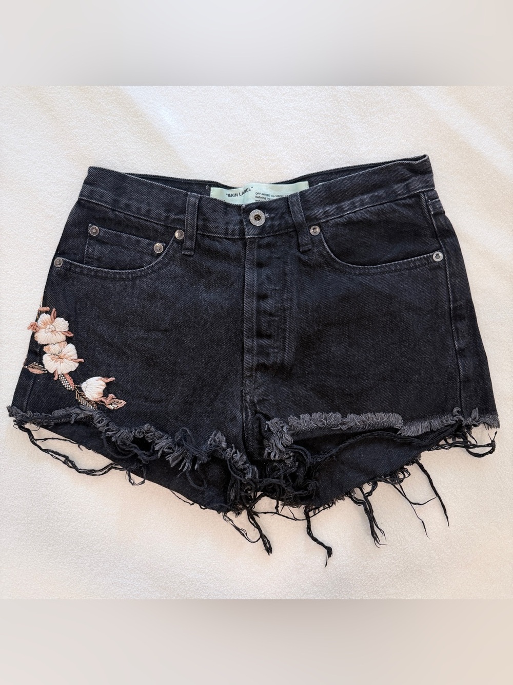 Off-White Virgil Abloh Black Denim Short Floral Embroidered Striped Pocket Sz 25